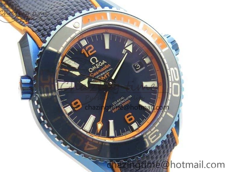 0818 FreshLook Planet Ocean 45mm GMT Blue DLC Black OMF Best Edition Blue Dial On Blue Gummy Strap A 8123